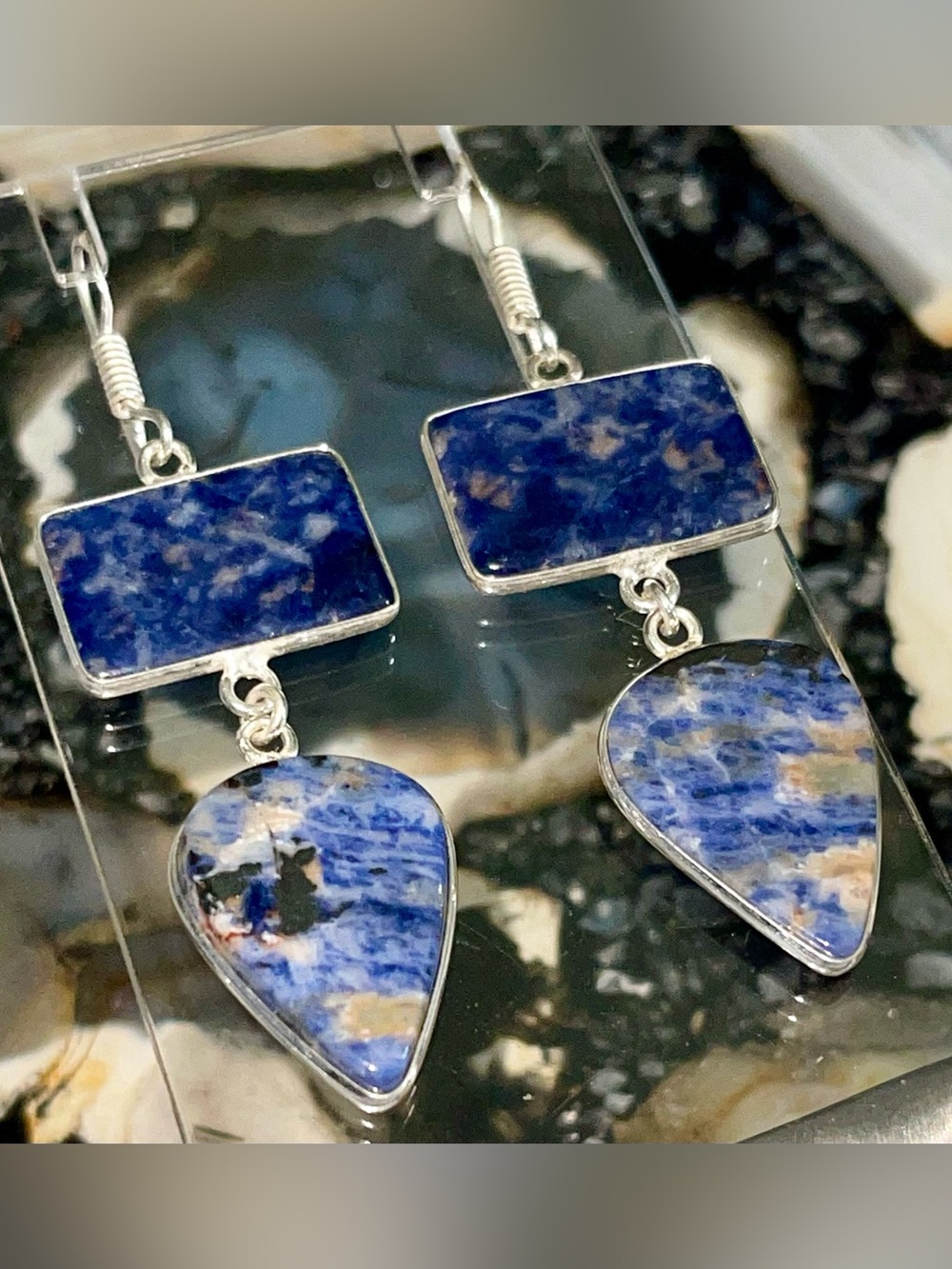 “The Mental Enhancer Stone “ Navy Sodalite Earrings 2 1/2”